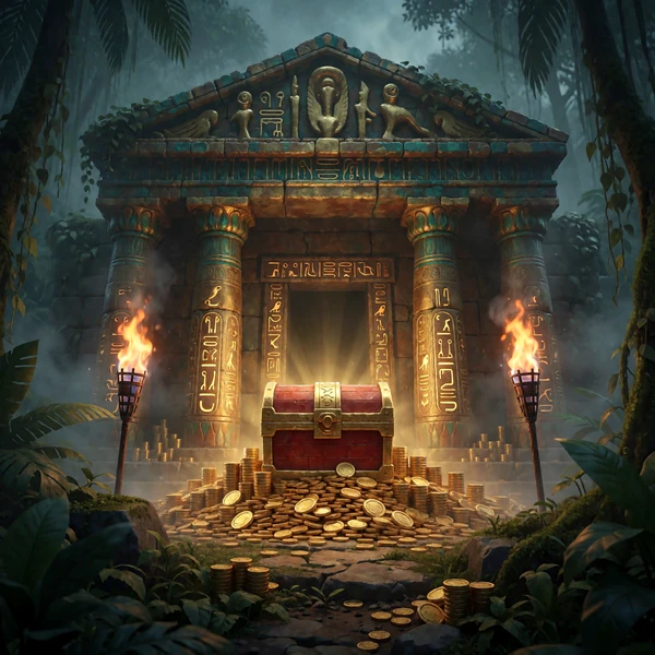 Antiker Goldtempel im Dschungel als Cover eines Abenteuer-Spielautomaten bei Casina Casino