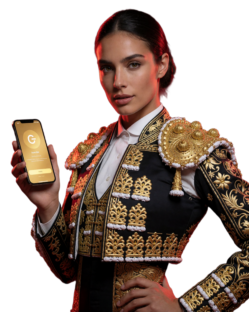 Torera in schwarz-goldener Matador-Jacke h&auml;lt ein Smartphone mit leuchtender Zahlungs-App bei Casina Casino