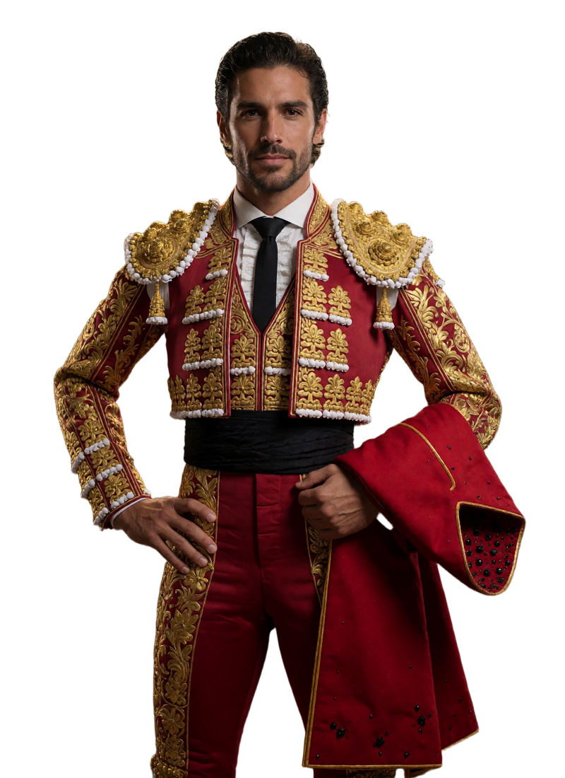 Selbstbewusster Matador in golden besticktem Suit de Capote mit roter Muleta - VIP Programm von Casina Casino