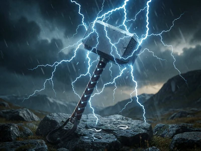 Nordischer Hammer mit blauen Blitzen als Cover eines Mythologie-Spielautomaten