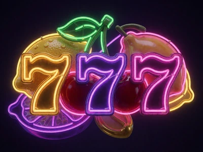 Leuchtende Neon-Fr&uuml;chte und Siebenen als Cover eines Retro-Fr&uuml;chte-Spielautomaten