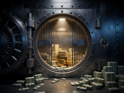 Ge&ouml;ffneter Banktresor voller Geldscheine und Goldbarren als Cover eines Heist-Spielautomaten