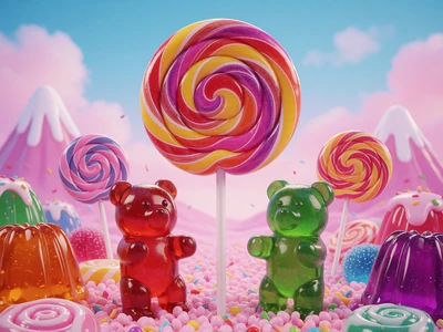 Bunte S&uuml;&szlig;igkeiten-Welt mit Lollis und Gummib&auml;rchen als Cover eines Candy-Spielautomaten