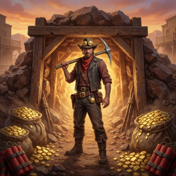 Goldgr&auml;ber mit Spitzhacke vor gl&uuml;hendem Minenschacht auf dem Cover des Slots Max Miner