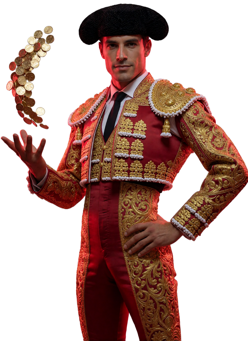 Matador im scharlachroten Traje de Luces wirft Goldm&uuml;nzen in die Luft - Casina Casino Willkommensbonus
