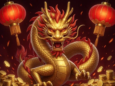 Goldener chinesischer Drache mit roten Laternen als Cover eines Asien-Spielautomaten
