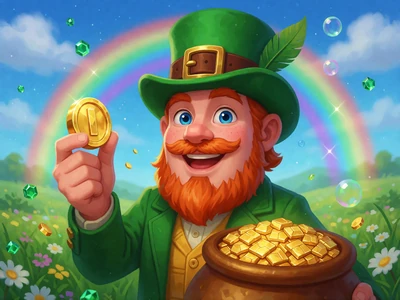 Fr&ouml;hlicher Kobold mit Goldm&uuml;nze und Regenbogen als Cover eines Irish-Luck-Spielautomaten