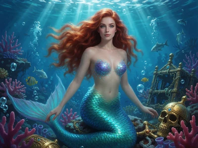 Meerjungfrau zwischen Korallen und versunkenem Schatz als Cover eines Unterwasser-Spielautomaten